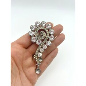 Vintage 1940s Pot Metal Rhinestone Brooch Pin Swirl Dangle Drop As Is